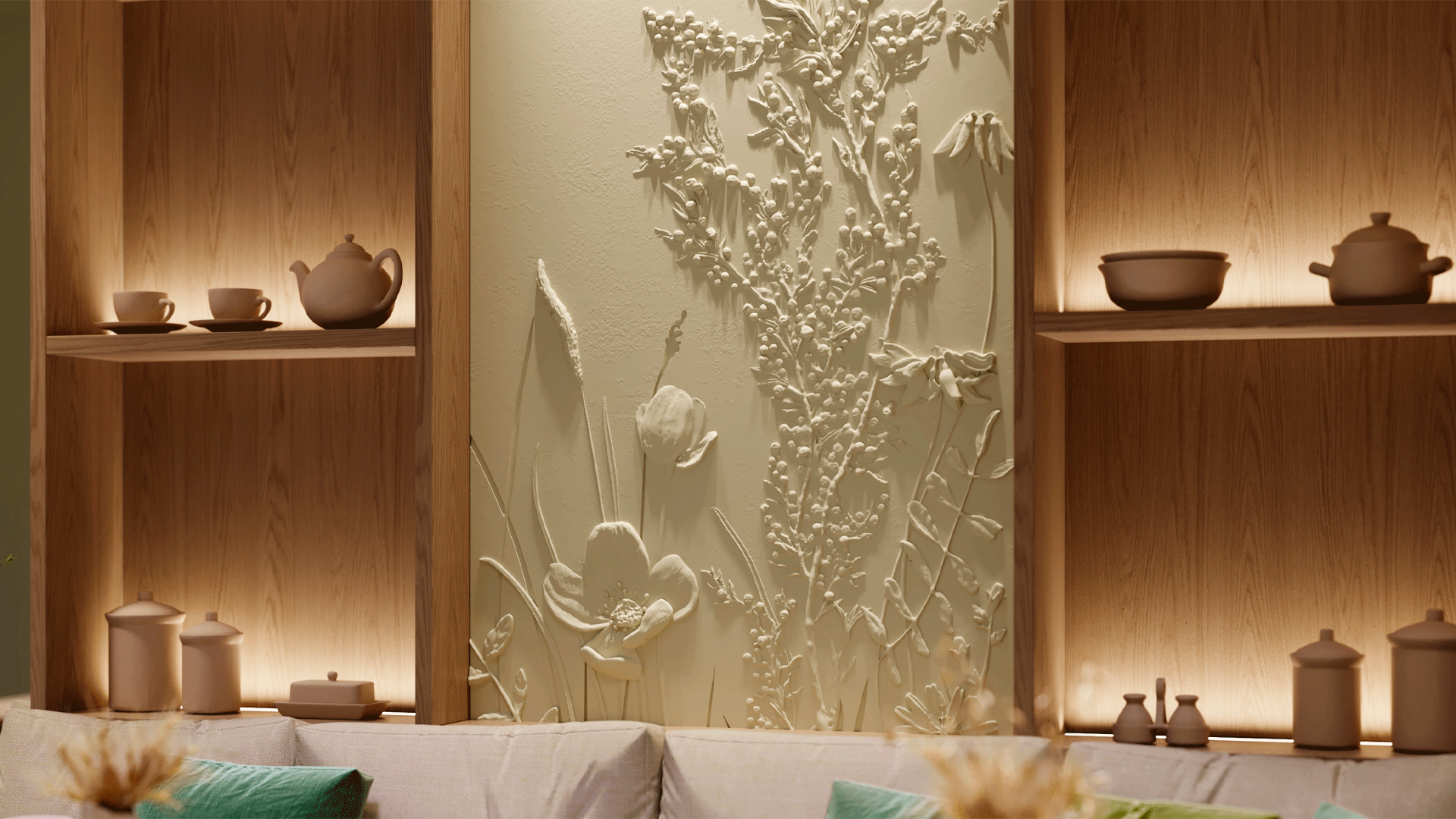 3D Дизайнерское панно из гипса BOTANICA, 3000x3000 мм, 6 м2